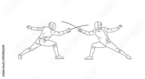 Fencing Duel - Two Fencers in Action, Swords Crossed.