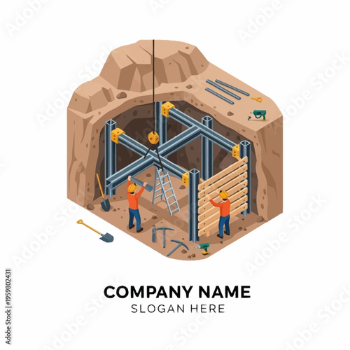 Construction workers reinforcing an underground excavation with steel beams and wooden planks, illustrating heavy industry and engineering.