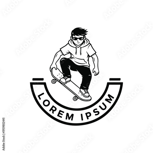 A black and white vector illustration of a skater mascot performing a trick on a skateboard with a placeholder text banner