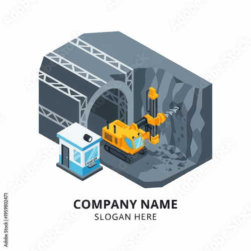 Isometric illustration of a tunnel boring machine excavating a rock face within a mine construction site.