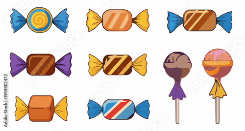 Vibrant Assortment of Wrapped Candies and Sweets Vector Illustration Set