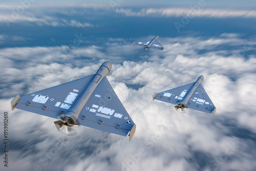 Quadro em tela Military aviation, combat drones fly above clouds during reconnaissance mission