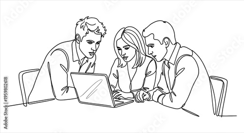 Funny vector illustration of business people working together on a laptop computer during a humorous office meeting gag drawing