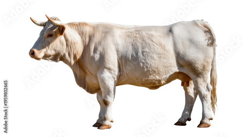 Stately white horned beef cattle standing majestically in full body profile view