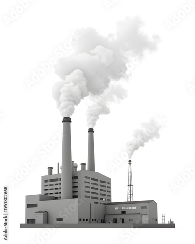 Industrial factory emitting thick smoke against white background, pollution