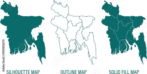 Vector illustration of bangladesh map in silhouette outline and solid fill styles on white background