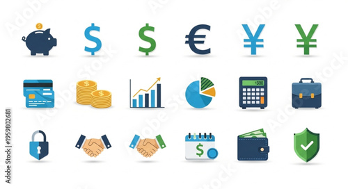 Financial Icons Set - Piggy Bank, Currencies, Charts, and More.