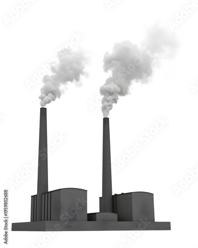 Industrial chimneys emitting dense smoke against white background, pollution