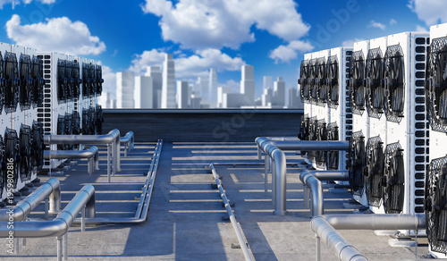 Fotografía Industrial HVAC cooling units and ventilation fans installed on rooftop with city skyline in background