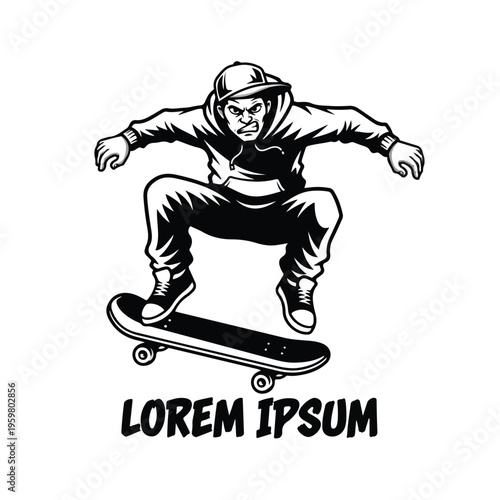 A vector graphic of a skater mascot performing a trick on a skateboard in a dynamic pose with bold lines and shading