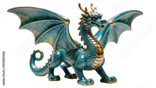 Majestic fantasy dragon statue in striking teal and gold hues with intricate scales and horns