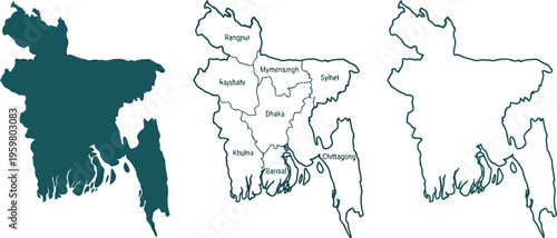 Vector set of bangladesh map silhouettes and outlines with administrative divisions