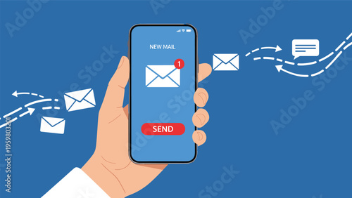 Hand holding a modern smartphone with multiple email icons flying around symbolizing mobile communication and digital messaging.