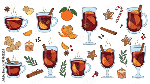 Set of delicious mulled wine drinks in various glasses with spices orange slices and cinnamon sticks for winter celebrations.