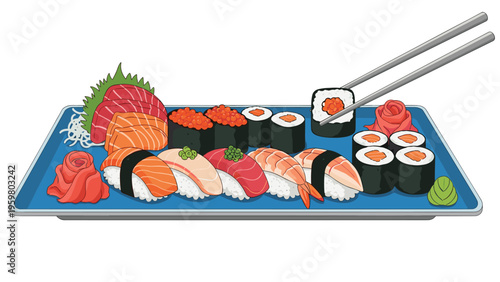 Large assortment of fresh sushi rolls and nigiri served on a blue tray with ginger wasabi and chopsticks in pixel art style.