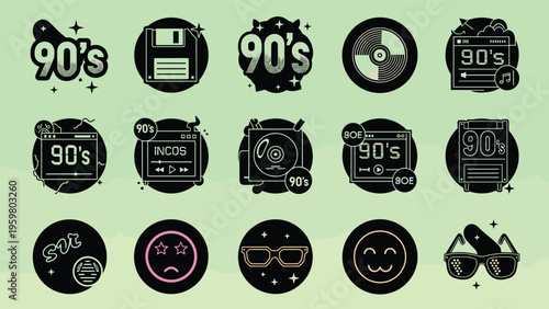 Collection of nostalgic 90s themed black and white icons featuring floppy disks cassette tapes and retro computer windows.
