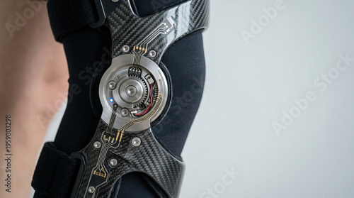 Close up of high tech knee brace with carbon fiber and metal components, featuring intricate mechanical and electronic details, worn on bent leg against plain background