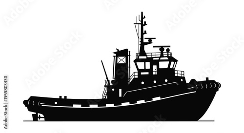 A detailed black silhouette of a powerful tugboat at sea
