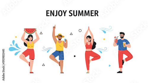 Group of active people enjoying various summer activities like yoga and outdoor drinks to celebrate a healthy lifestyle.