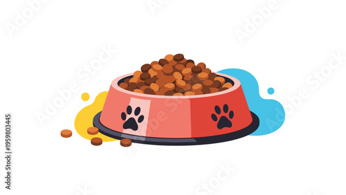 Red pet food bowl filled to the brim with nutritious brown kibble for cats or dogs isolated on a clean white background.