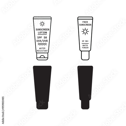 Sunscreen lotion tube icons set featuring SPF 50 face and body sunblock protection symbols in outline and silhouette styles for summer skincare.