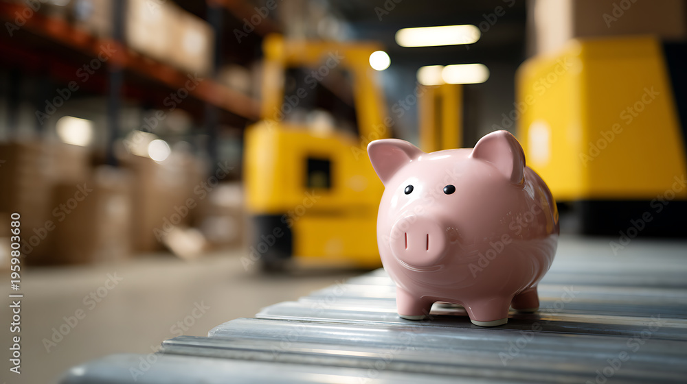 Obraz premium Pink Piggy Bank on a Conveyor Belt in a Warehouse Setting Representing Savings, Efficiency, and Cost Management in Logistics Operations