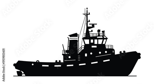 Detailed black silhouette of a tugboat on calm waters silhouette