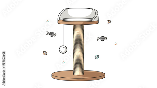 Tall cat scratching post with a cozy bed at the top and a dangling toy ball surrounded by paw prints and fish bones.