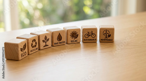 Eco recycling plant save water solar sustainable renewable concept with wooden blocks on wooden table in bright room