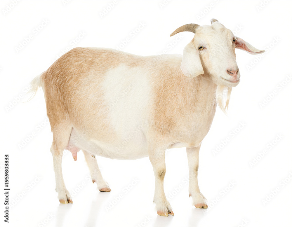 Fototapeta premium A white and tan goat stands facing forward against a pure white background