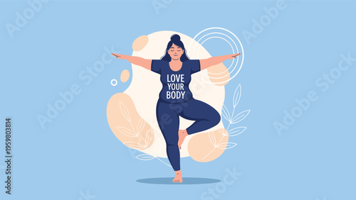 Plus size woman practicing yoga in a tree pose with love your body text to encourage self acceptance and healthy habits.