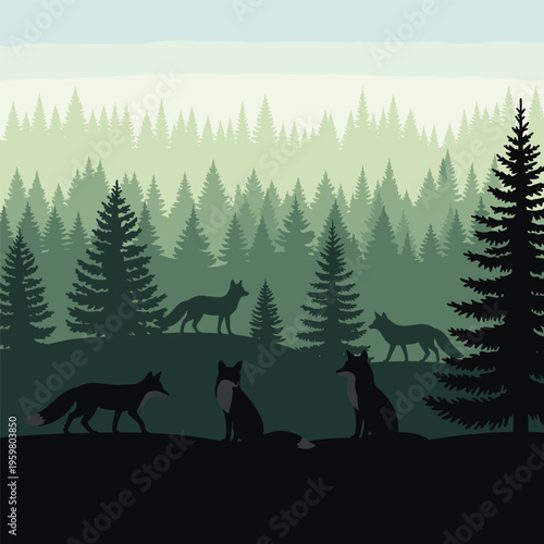 Group of wolves in forest landscape.