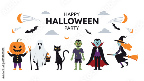 Group of classic Halloween characters including a witch a vampire and a pumpkin person for a fun holiday party theme.