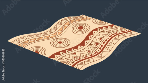 Traditional rug or fabric design featuring ethnic patterns and indigenous symbols with a wavy three dimensional effect.