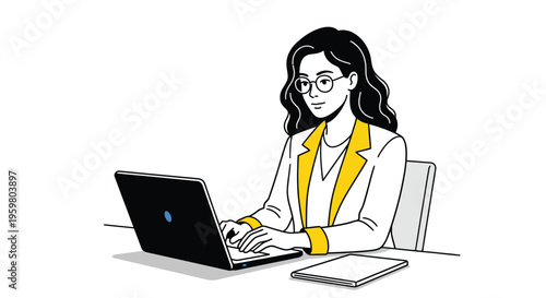 A smiling young businesswoman sitting at an office desk working on a laptop computer with a stethoscope nearby, blending professional business technology and healthcare medicine