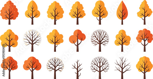 A diverse collection of flat design autumn trees featuring vibrant orange and yellow foliage alongside bare branches on a clean white background.