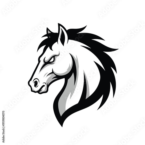 A stylized black and white illustration of a mustang horse head with a dynamic mane, conveying an esport logo with bold lines and a strong, graphic design