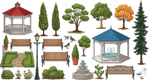 A comprehensive collection of various park and garden elements, including gazebos, trees, benches, and fountains, in a charming cartoon style.