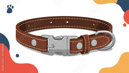 Durable brown leather dog collar with a strong metal buckle and adjustment holes on a decorative abstract background.