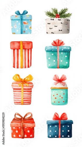 Watercolor painted gift boxes in various designs colors