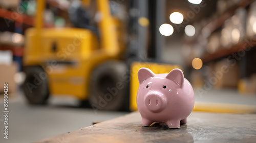 Pink Piggy Bank on Pallet in Industrial Warehouse with Blurry Forklift Background, Concept of Business Finance and Save Money
