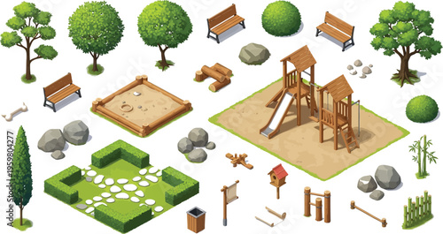 Detailed isometric park and playground elements set, featuring trees, benches, sandbox, and play structures on a clean white background.