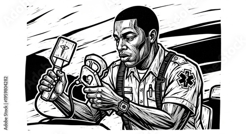 Focused paramedic with medical equipment in black and white illustration.