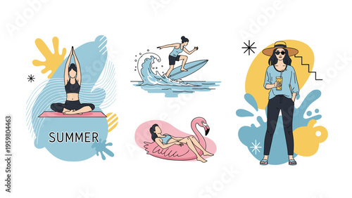 Diverse collection of summer lifestyle illustrations featuring yoga, surfing on waves, floating on a flamingo, and beach fashion.
