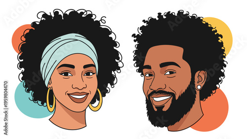 Close up portraits of a smiling Black man and woman with natural curly hair styles against colorful circular backgrounds.