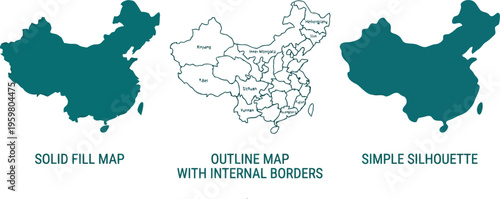Map of china in three styles: solid fill, outline with internal borders, and simple silhouette.