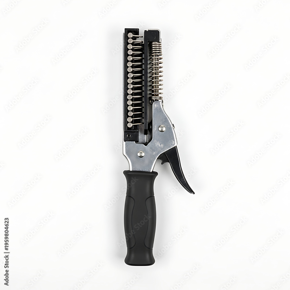 Obraz premium Handheld binder punching tool with spring-loaded mechanism and comfortable grip