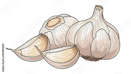 Detailed hand drawn illustration of whole garlic bulbs and individual cloves showing realistic textures and skin details.