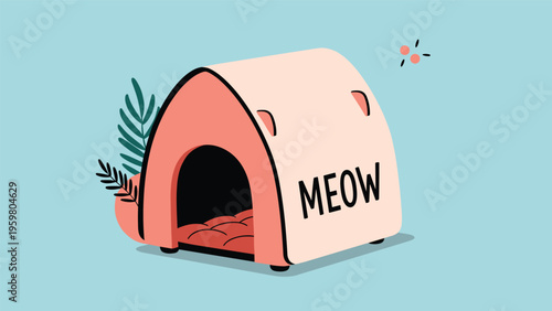 Cute pet house illustration with a cozy pink interior and the word meow written on the side next to green leaf accents.