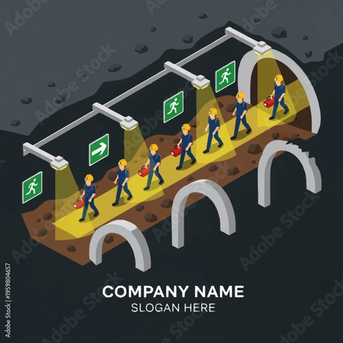 Isometric illustration of workers in hard hats carrying toolboxes walking through a tunnel with emergency exit signs and lighting.